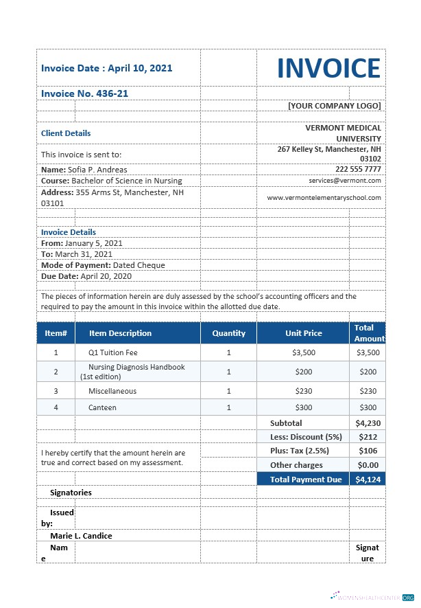 Download Nursing School Invoice Template Photoshop template